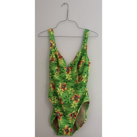 La Blanca Other - VTG 90s La Blanca Sz 10 Swimsuit Floral 1 Piece Plunge Front Low Back High Cut
